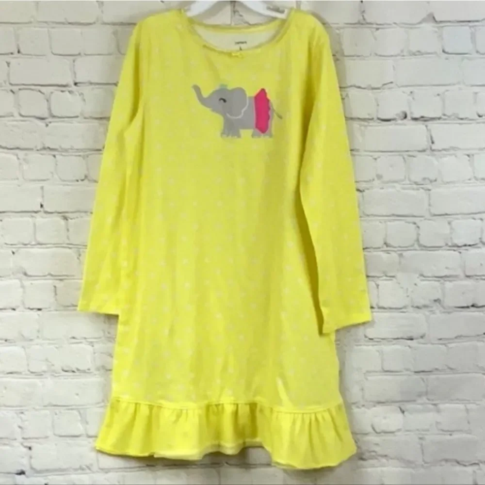 Carter's Elephant Nightgown Girls L 10 12 Yellow Polka Dot Ruffle Sleep Gown Pjs